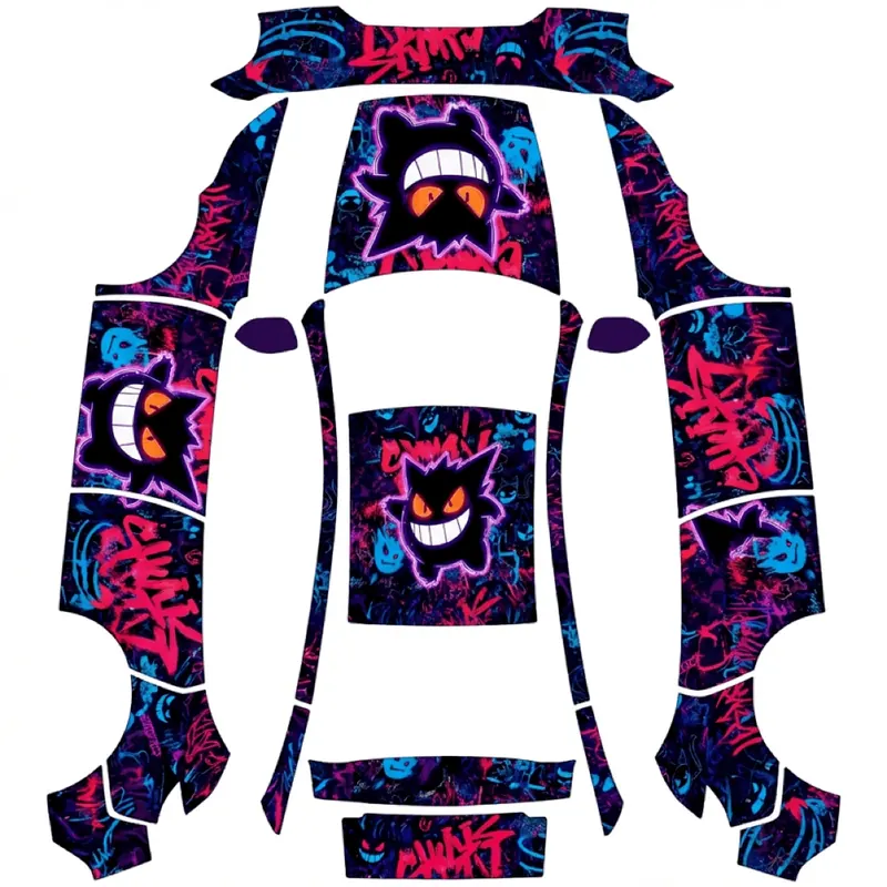 Ghost Graffiti, a neon ghost wrap from the teslawrap.net gallery, on the Model Y (2025+) Premium template