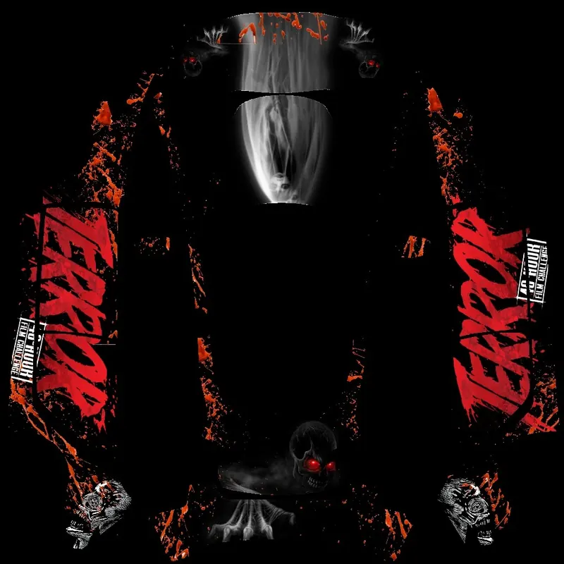 Terror Skulls, a red flame skull wrap from the teslawrap.net gallery, on the flat Model 3 Paint Shop template