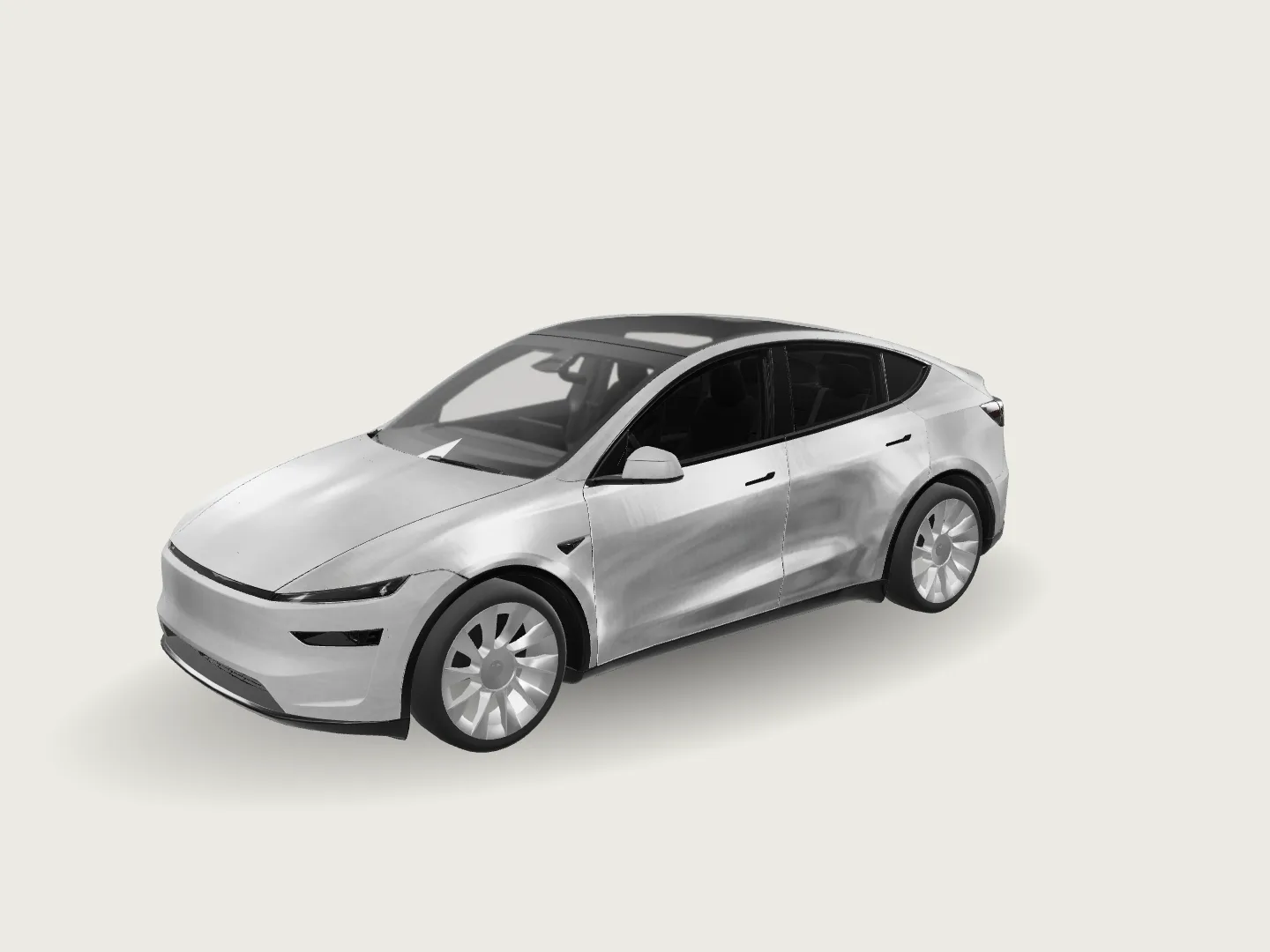 Pre-rendered 3D screenshot of Model Y (2025+) Premium featuring Liquid Chrome custom wrap in gray, black and silver.